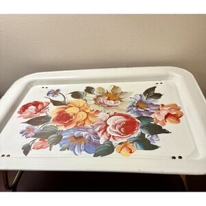 Vintage Folding TV Lap Bed Tray, Cream Color, Tea Roses Cottagecore Farm house